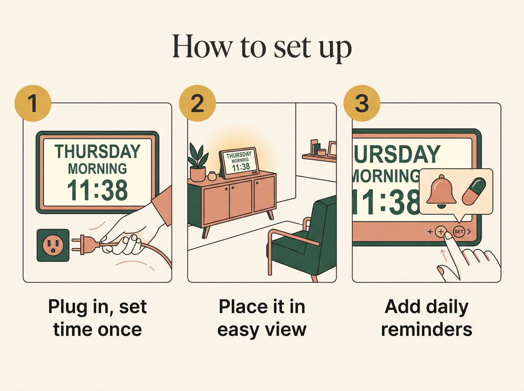 How to set up the day clock: 1 plug in and set time once, 2 place it in easy view, 3 add daily reminders