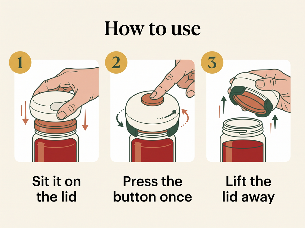 How to use the electric jar opener: 1 sit it on the lid, 2 press the button once, 3 lift the lid away