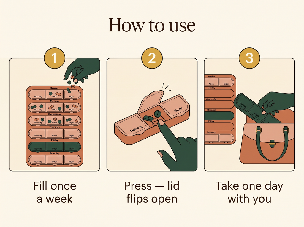 How to use the 21-slot pill organiser: 1 fill once a week, 2 press and the lid flips open, 3 take one day with you