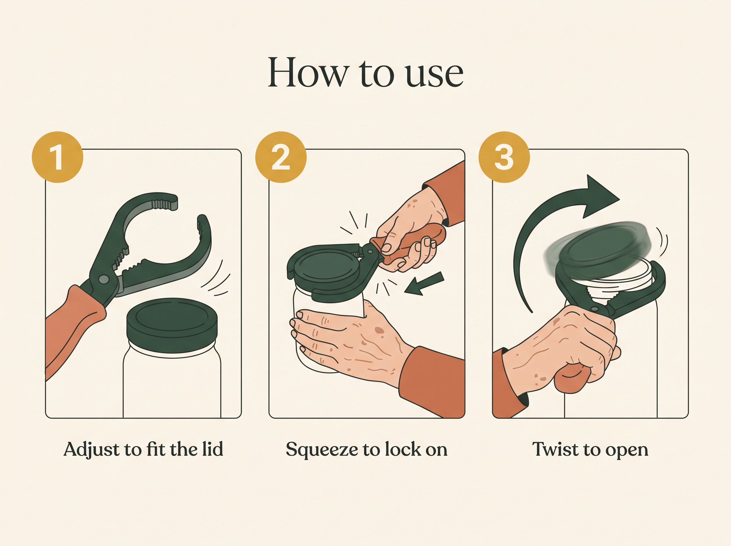 How to use the manual jar opener: 1 adjust to fit the lid, 2 squeeze to lock on, 3 twist to open