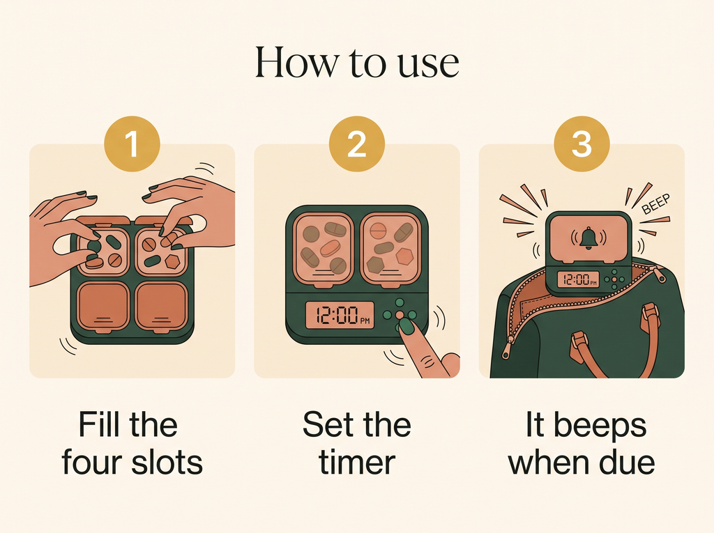 How to use the smart pill case: 1 fill the four slots, 2 set the timer, 3 it beeps when a dose is due