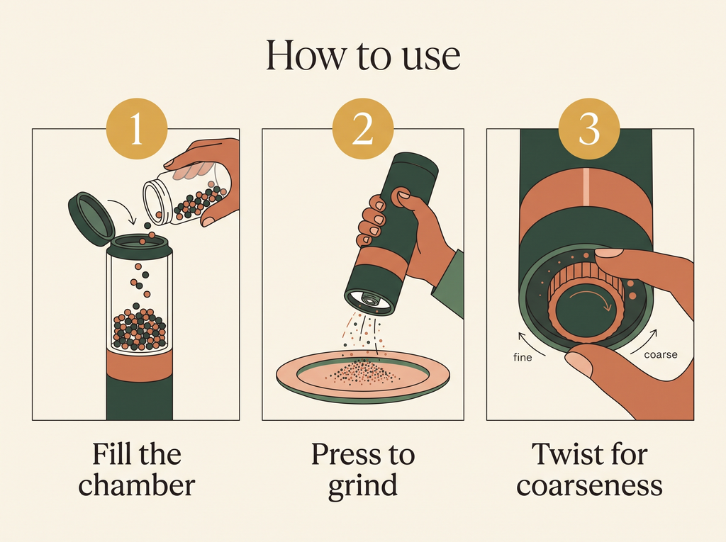 How to use the electric grinder: 1 fill the chamber, 2 press to grind, 3 twist for coarseness