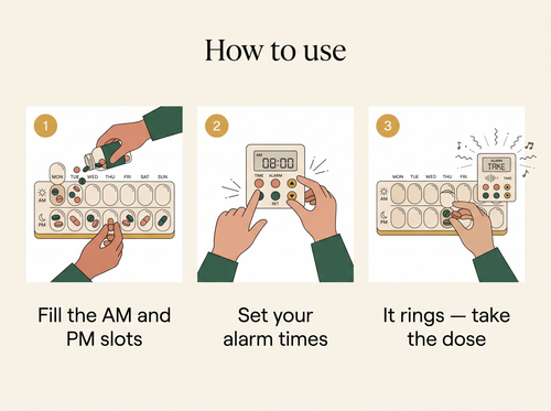 How to use the alarm pill organiser: 1 fill the AM and PM slots, 2 set your alarm times, 3 it rings, take the dose