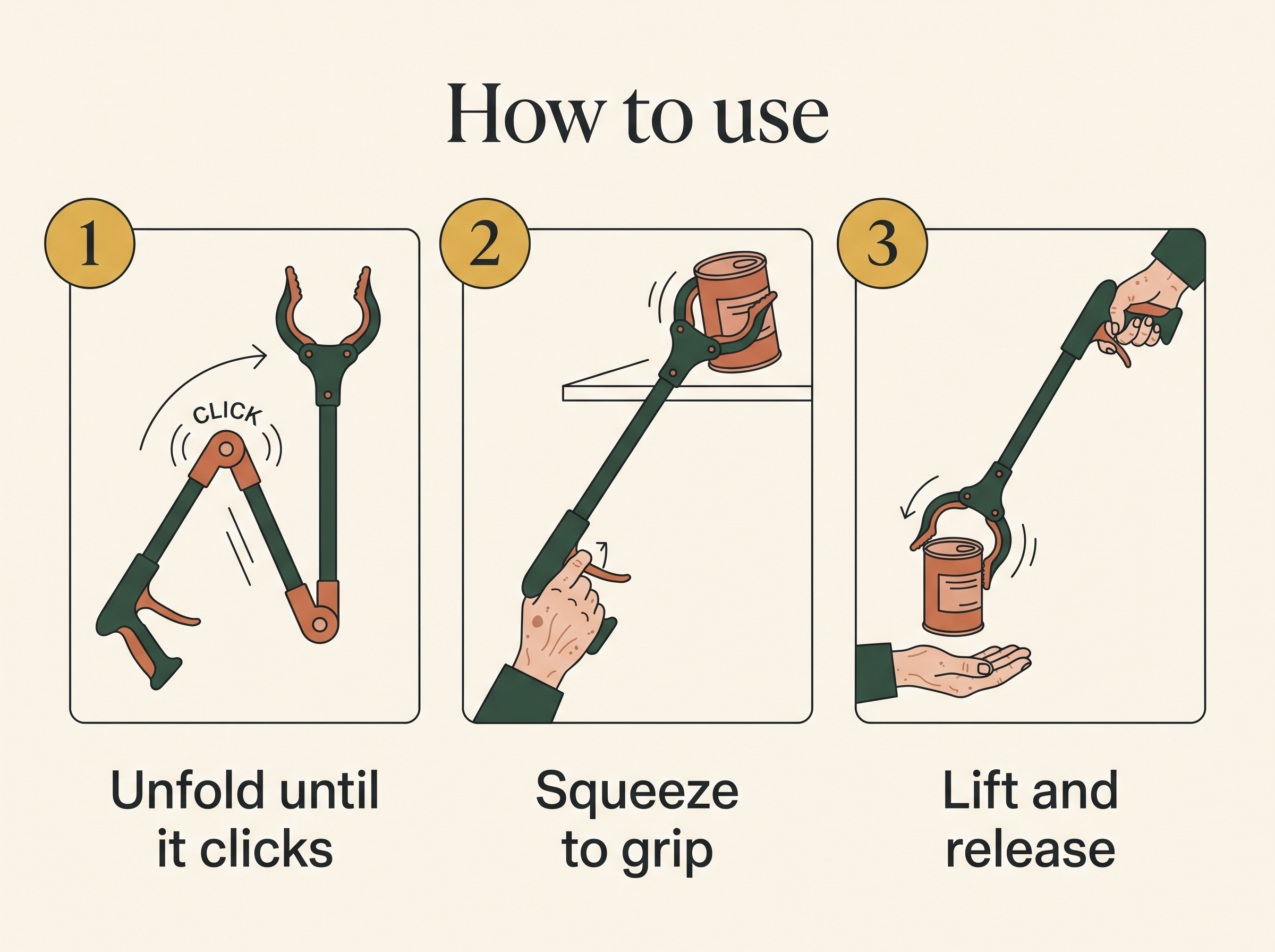 How to use the reacher grabber: 1 unfold until it clicks, 2 squeeze to grip, 3 lift and release