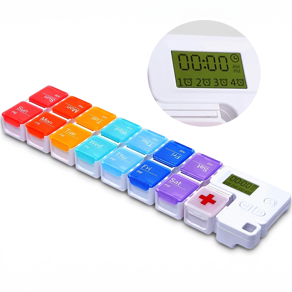 7-Day AM/PM Pill Organiser with Alarm, close-up of the compartments and alarm unit