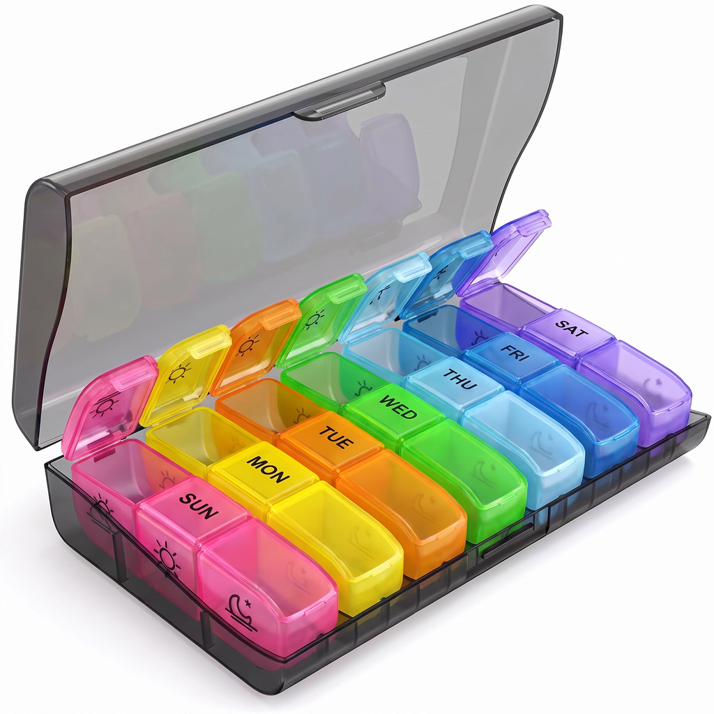 21-Slot Weekly Pill Organiser, angled view with the case open