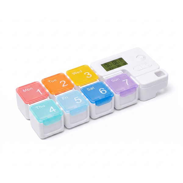 7 Day Pill Organiser with Alarm — Colour-Coded Weekly Medication Box