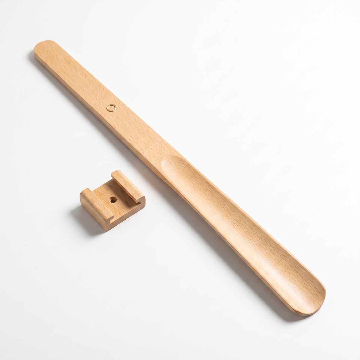 55cm solid beech long-handled shoe horn, full length, with magnetic wall hook