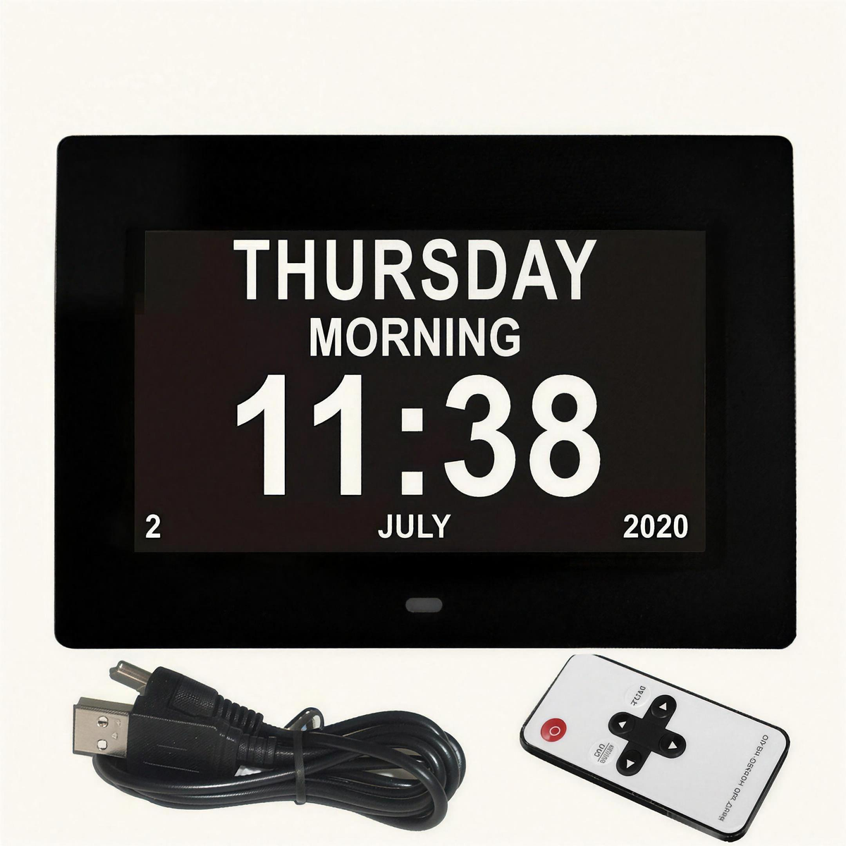 Large day clock for seniors showing Thursday morning 11:38, with power cable and remote